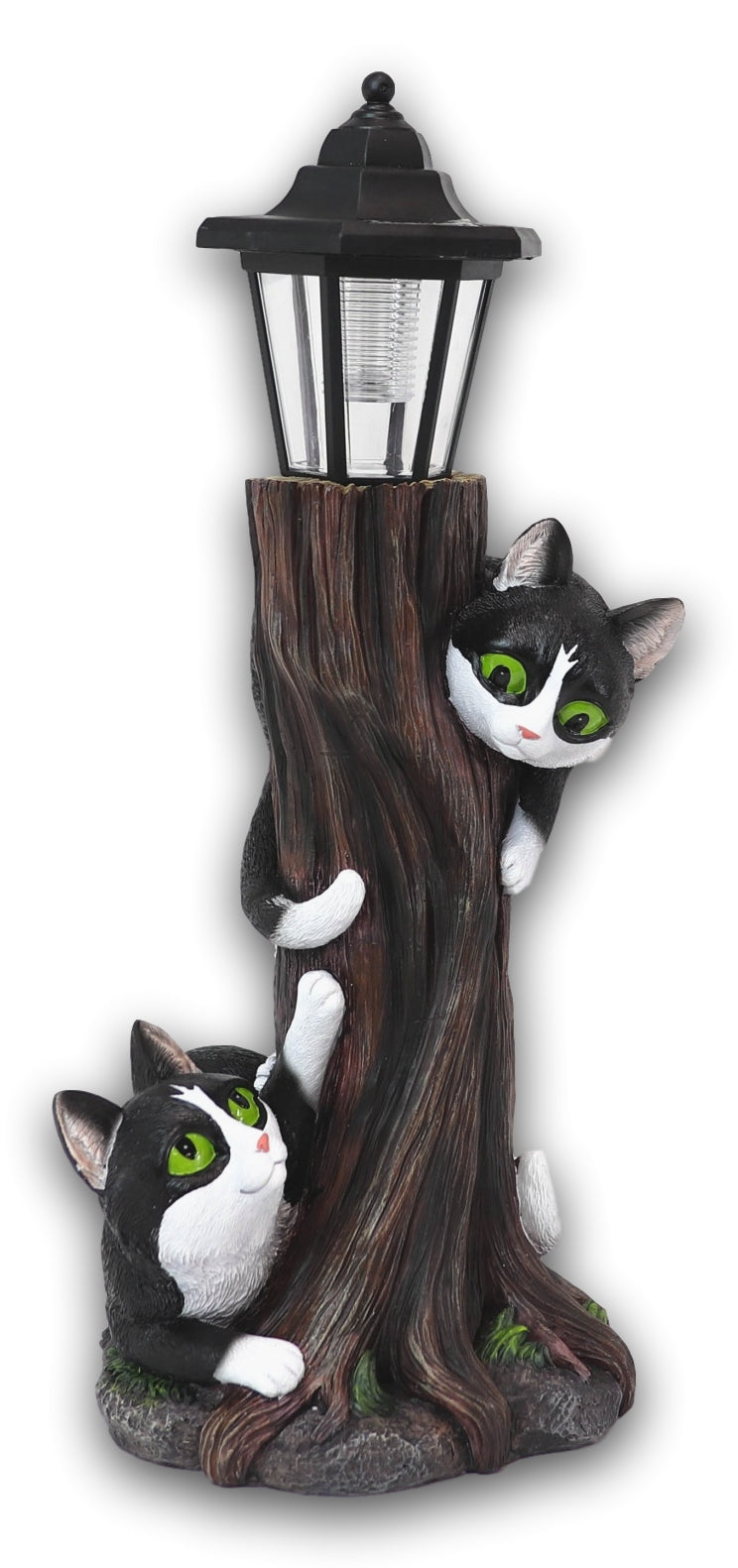 Black Kitten Cats by Garden Tree Outpost Statue With Solar LED Lantern Light - Ebros Gift