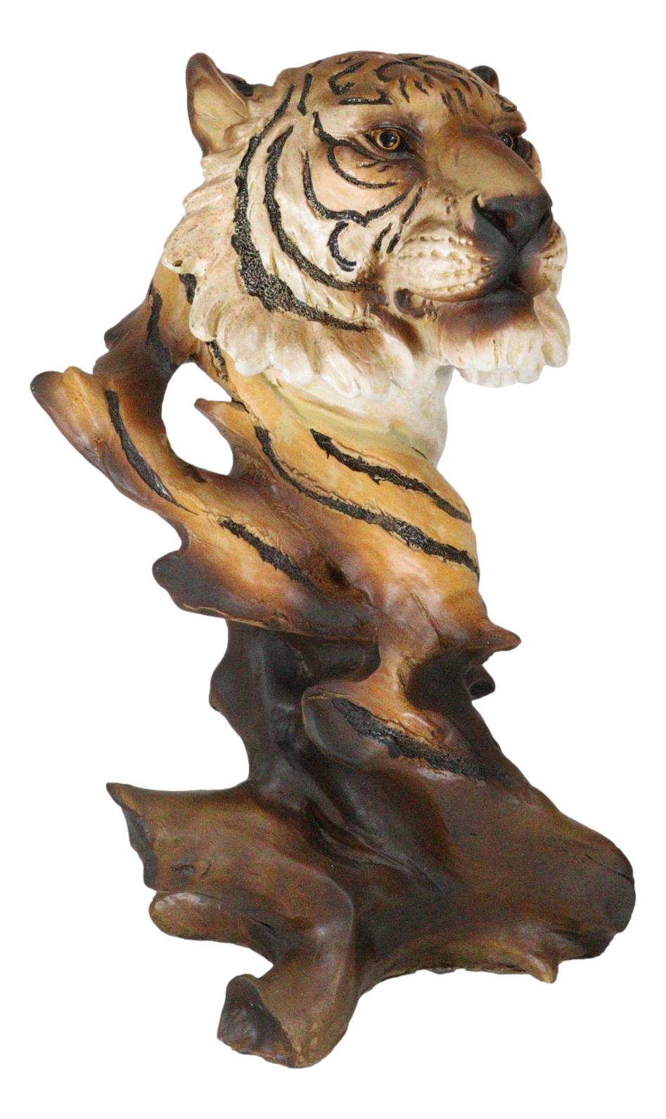 Faux Wood Large Exotic Jungle Wildlife Orange Bengal Tiger Bust Statue 11"Tall - Ebros Gift