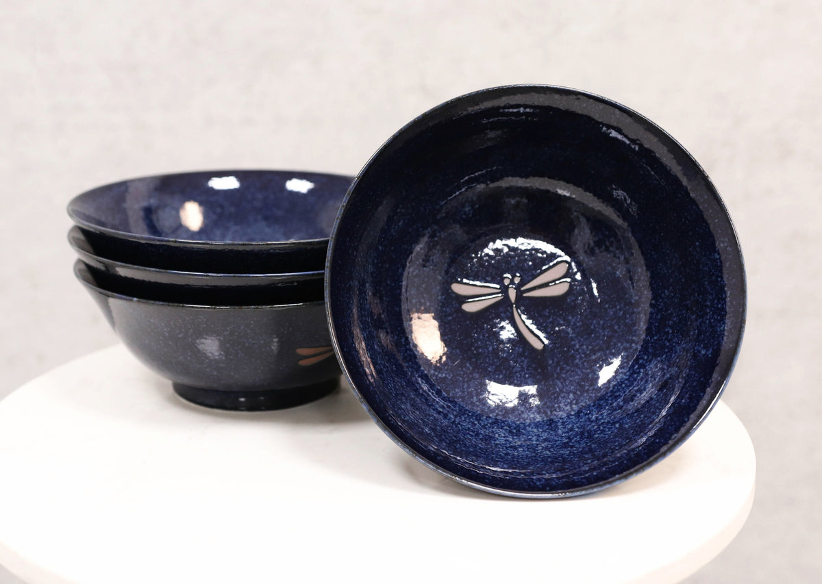 Made in Japan Blue Dragonfly Pasta Salad Soup Cereal Rice Ceramic Bowls Set of 4 - Ebros Gift