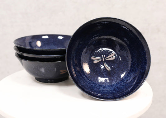 Made in Japan Blue Dragonfly Pasta Salad Soup Cereal Rice Ceramic Bowls Set of 4 - Ebros Gift