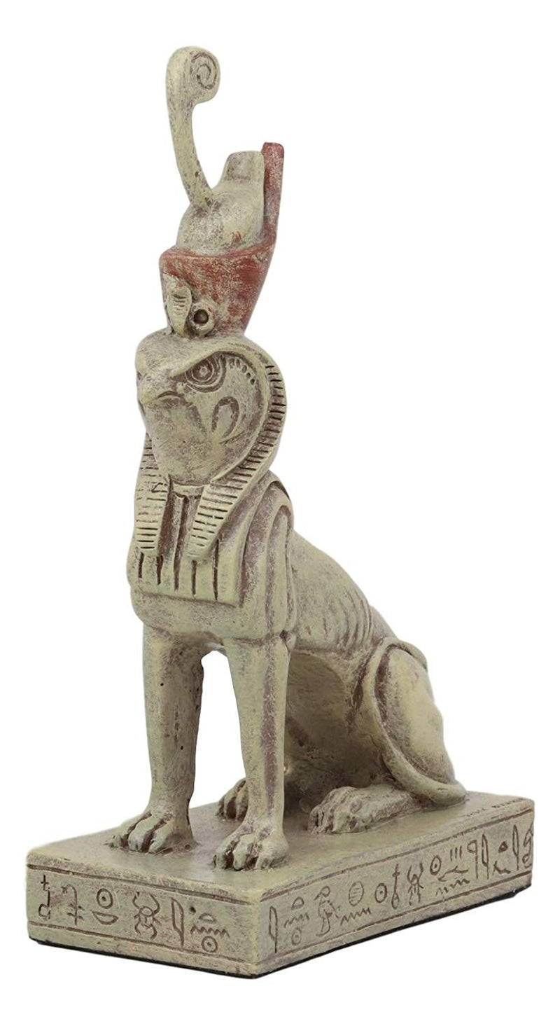 Ebros God of Egypt Horus Falcon Bird with Pschent Crown in Sphinx Body Statue with Egyptian Hieroglyphic Base 6.25" Tall