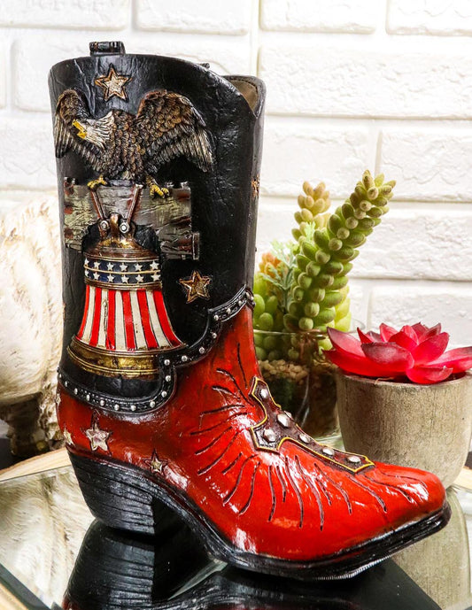 Western Cowboy Patriotic US Flag Liberty Bell Eagle Cowboy Boot Pen Holder Vase