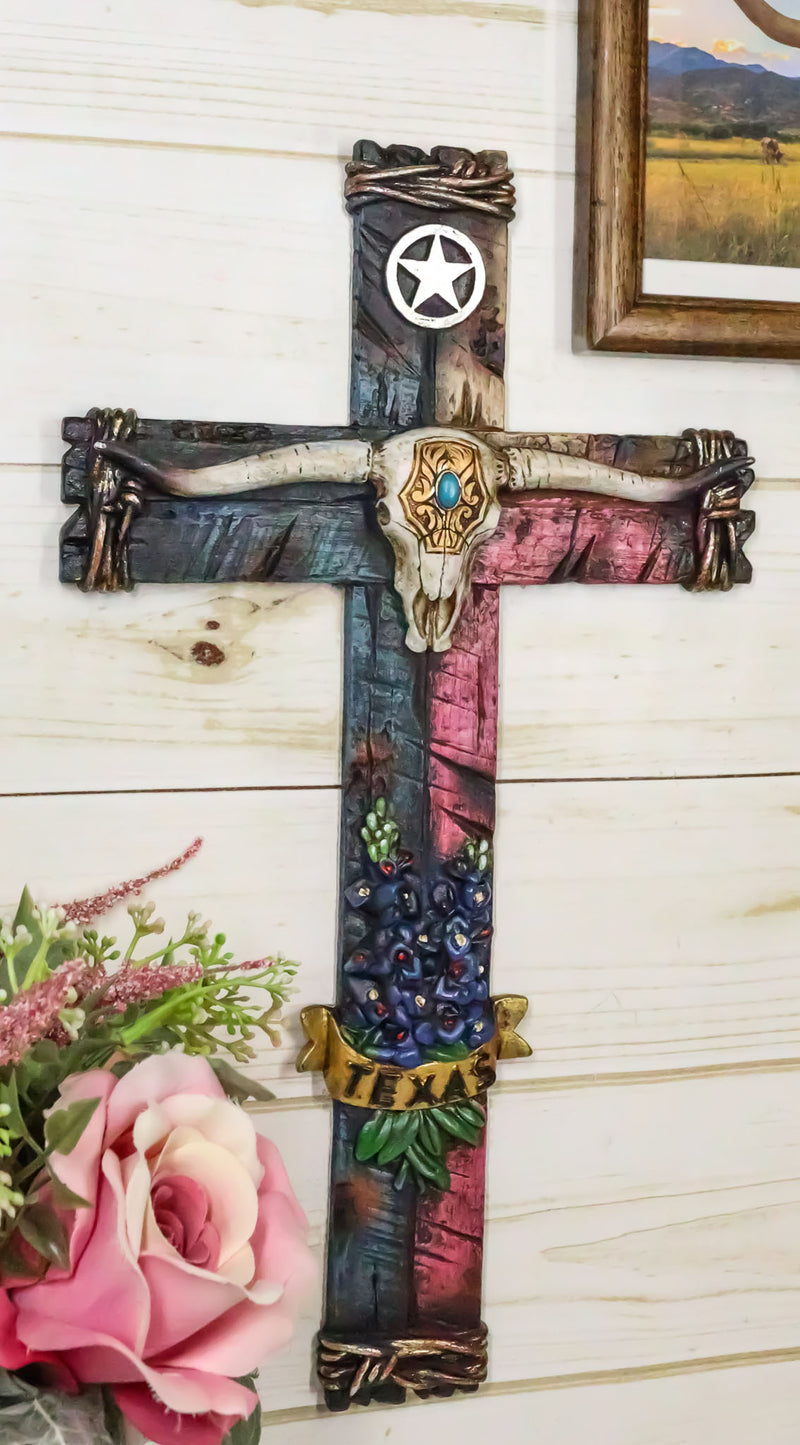 Rustic Texas State Colors Bluebonnet Longhorn Skull And Western Star Wall Cross