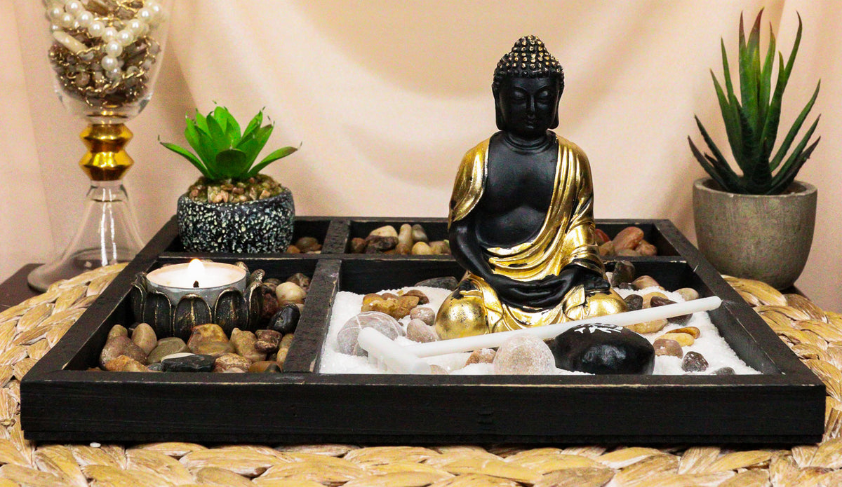 Meditating Buddha Zen Garden Kit With Lotus Candle Holders Sand Rake Succulents - Ebros Gift
