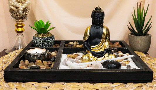 Meditating Buddha Zen Garden Kit With Lotus Candle Holders Sand Rake Succulents - Ebros Gift