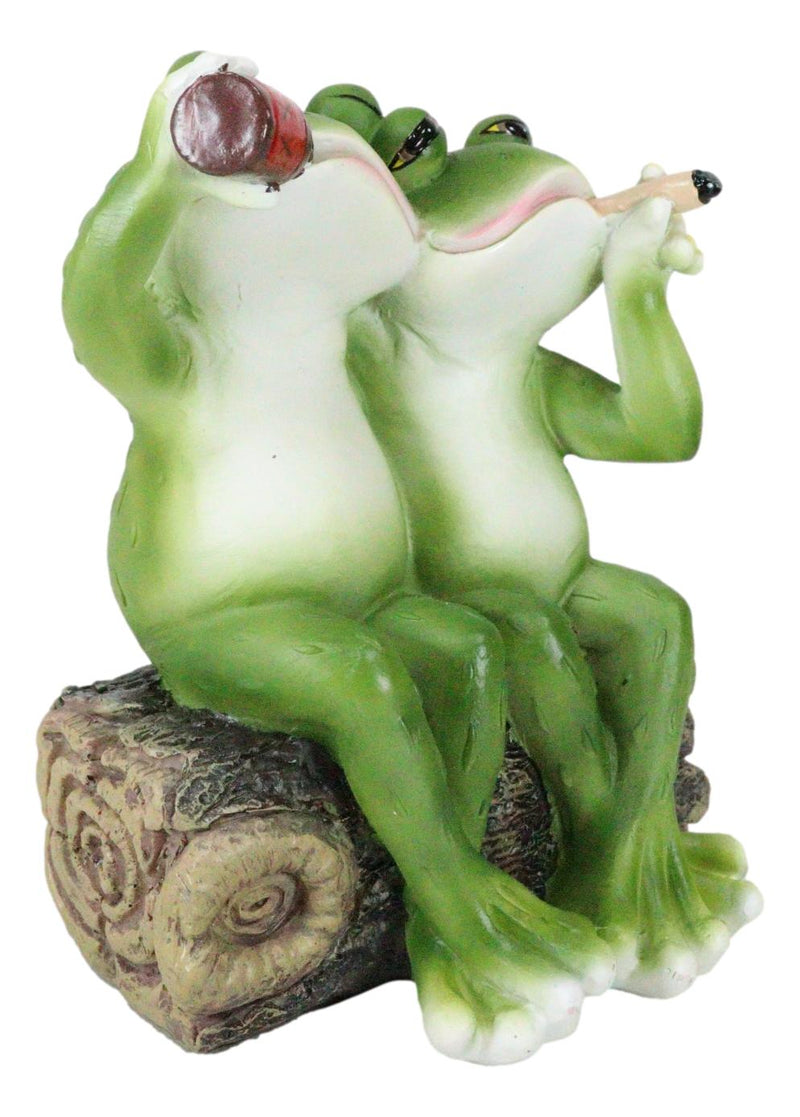 Party At My Pad Drinking Smoking Frog Couple On Forest Tree Log Bench Figurine