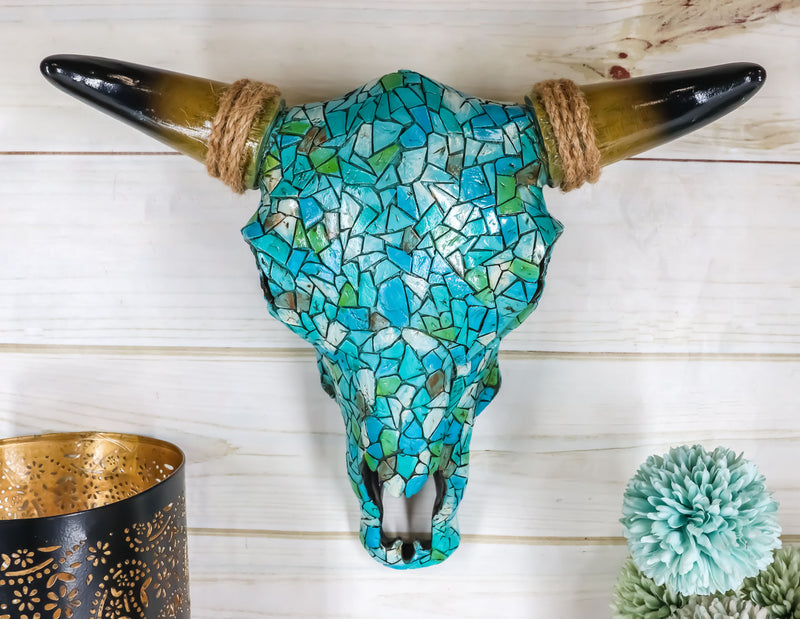 Ebros 11.5" W Turquoise Mosaic Steer Bison Bull Head W/ Horns Wall Mount Decor - Ebros Gift