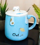 Pack Of 2 Blue Calico Cat Catching Fish Tea Coffee Mug With Lid And Spoon 15oz