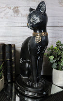 Wicca Halloween Black Cat with Pentagram Necklace and Alchemy Symbols Figurine