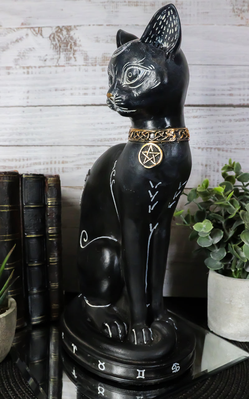 Wicca Halloween Black Cat with Pentagram Necklace and Alchemy Symbols Figurine
