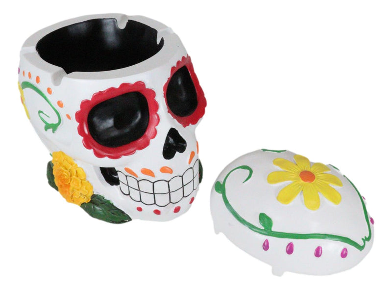 Day of The Dead White Tribal Tattoo Sunflowers Sugar Skull Ashtray Box Figurine