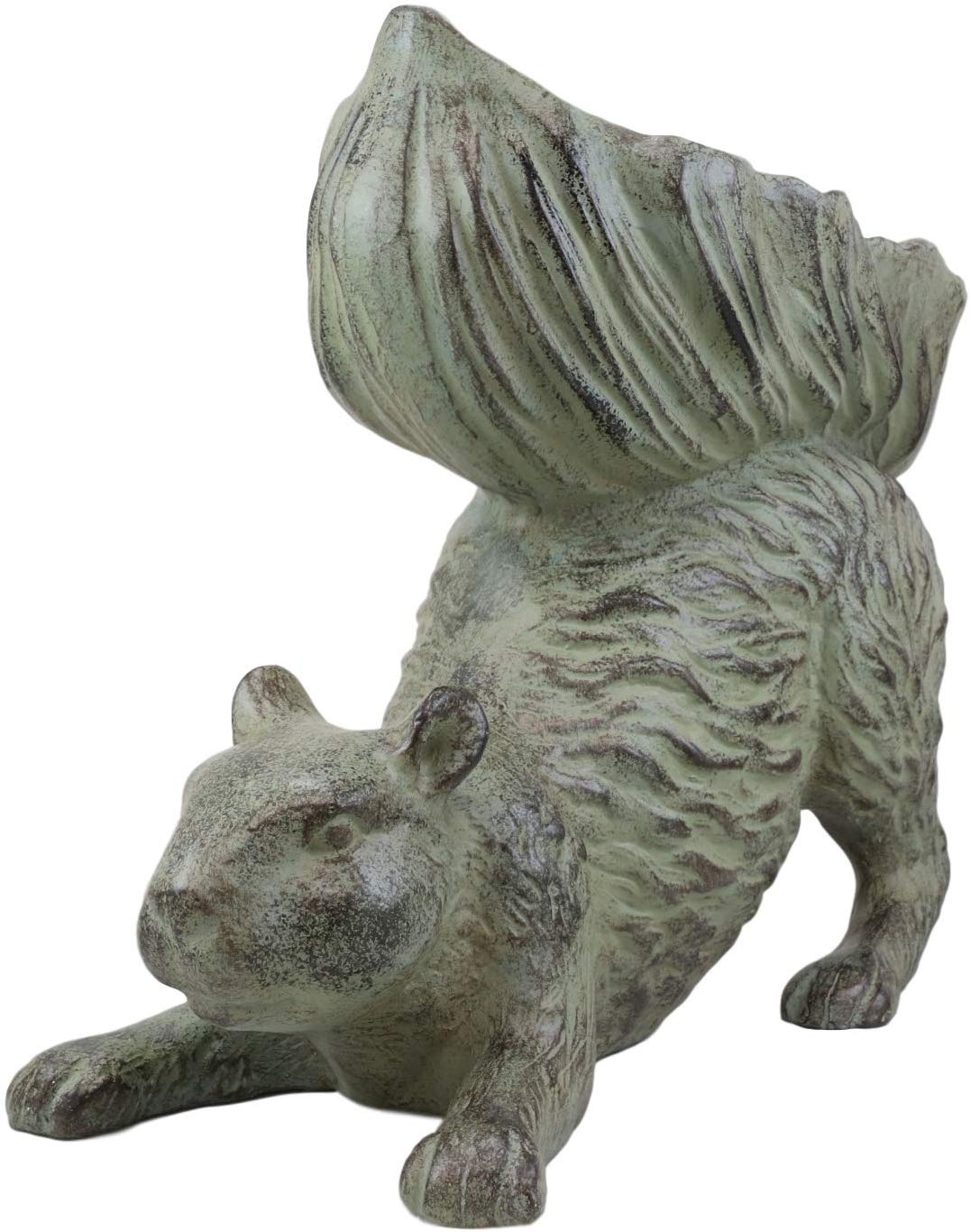 Ebros Aluminum Squirrel Statue w/ Dish Bowl Tail Garden Bird Feeder Bath 15"L
