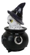 White Snowy Owl With Witch Hat In Black Triple Moon Pentagram Cauldron Figurine