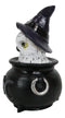 White Snowy Owl With Witch Hat In Black Triple Moon Pentagram Cauldron Figurine