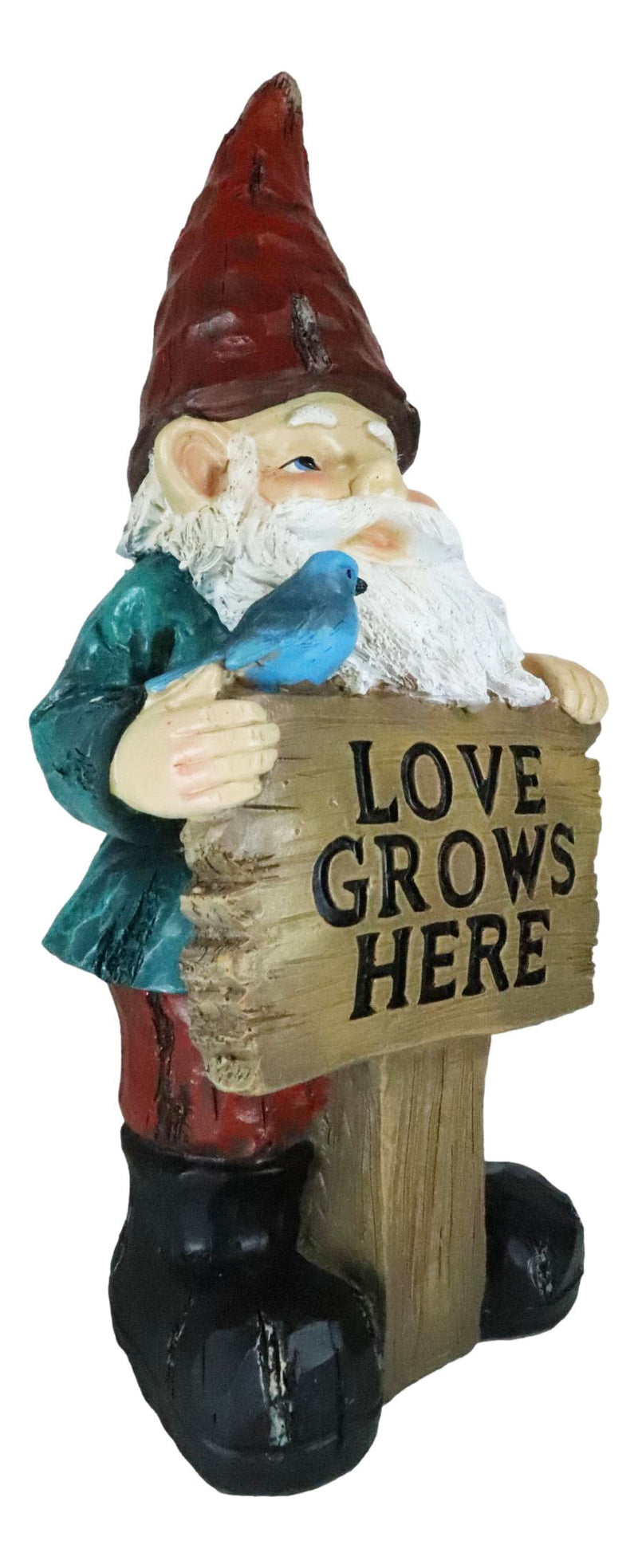 Whimsical Festive Garden Mr Gnome And Bluebird With Love Grows Here Sign Statue