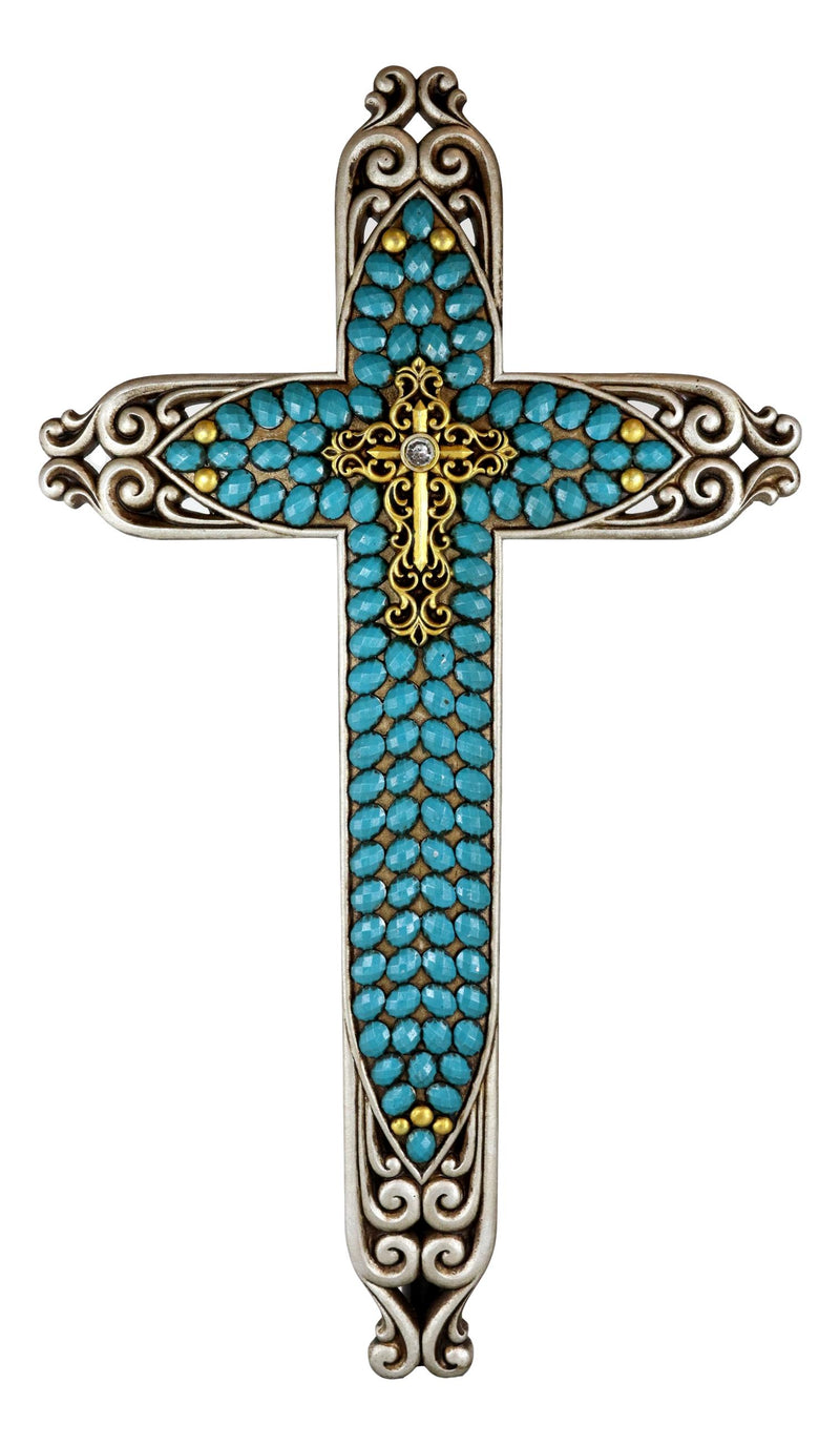 20"H Rustic Western Scroll Lace Le Fleur Wall Cross With Turquoise Gemstones