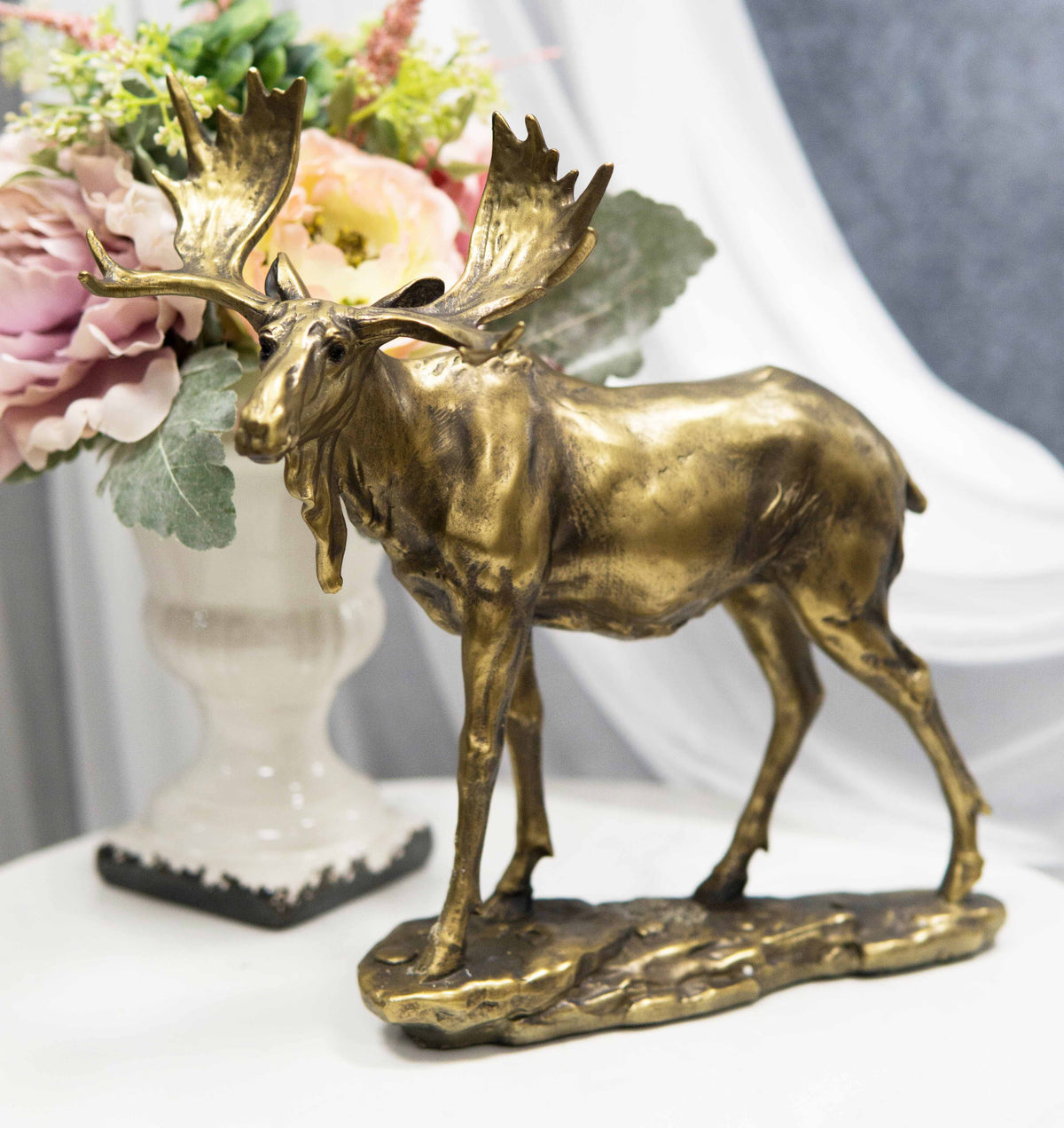 Realistic Large Bull Moose Statue In Gold Patina 11" W Rustic Elk Deer Accent - Ebros Gift
