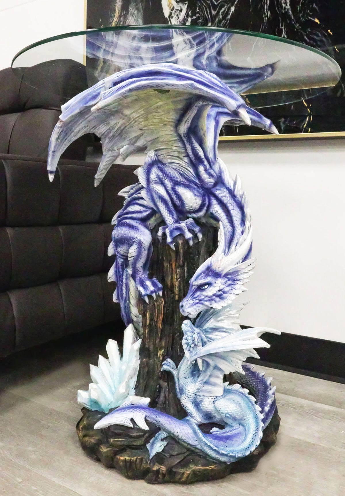 Elemental Frozen Ice Mother Dragon With Hatchling Baby Sculptural Side End Table