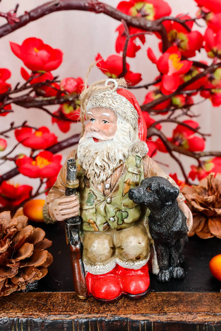 Hunter Santa Claus W/ Rifle And Black Dog Christmas Tree Hanging Ornament Decor