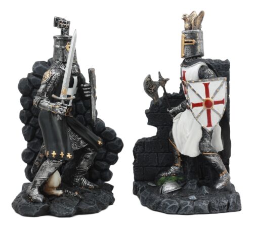 Black And White Medieval Crusader Knight Bookends Statue 7.5"H Set Suit Of Armor