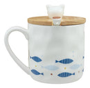 Happy Days Kitty Cat With Fishes Ceramic Coffee Tea Mug Cup With Spoon And Lid