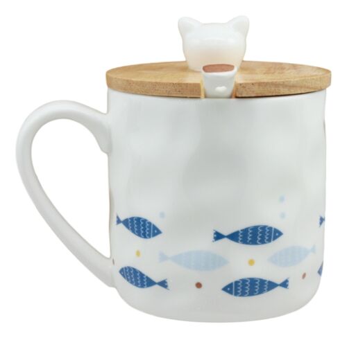 Happy Days Kitty Cat With Fishes Ceramic Coffee Tea Mug Cup With Spoon And Lid