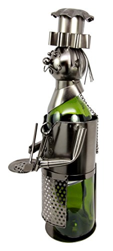Ebros Gift Head Chef With Pan & Spatula Hand Made Metal Wine Bottle Holder Caddy Decor Figurine 14.5"H