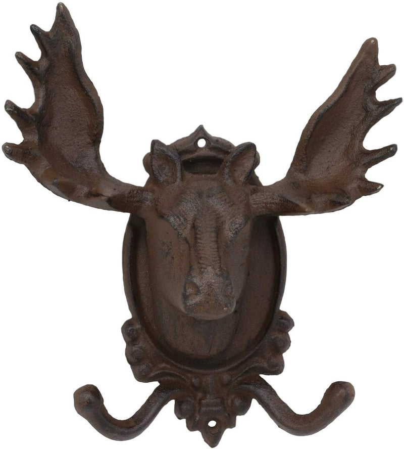 Ebros Cast Iron Western Rustic Bull Moose Head Wall Double Hooks Plaque 9.25"H