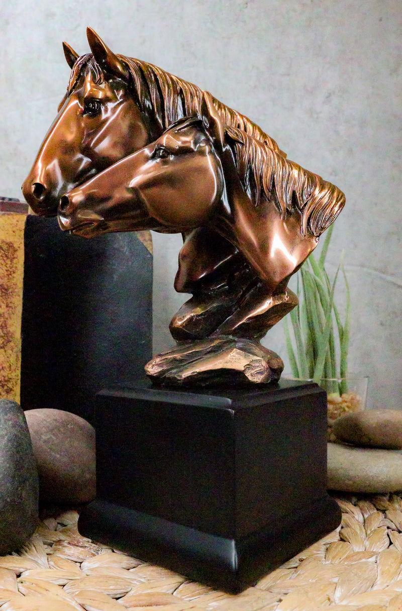 Rustic Western Wild Black Beauty Horse Couple Heads Figurine With Trophy Base