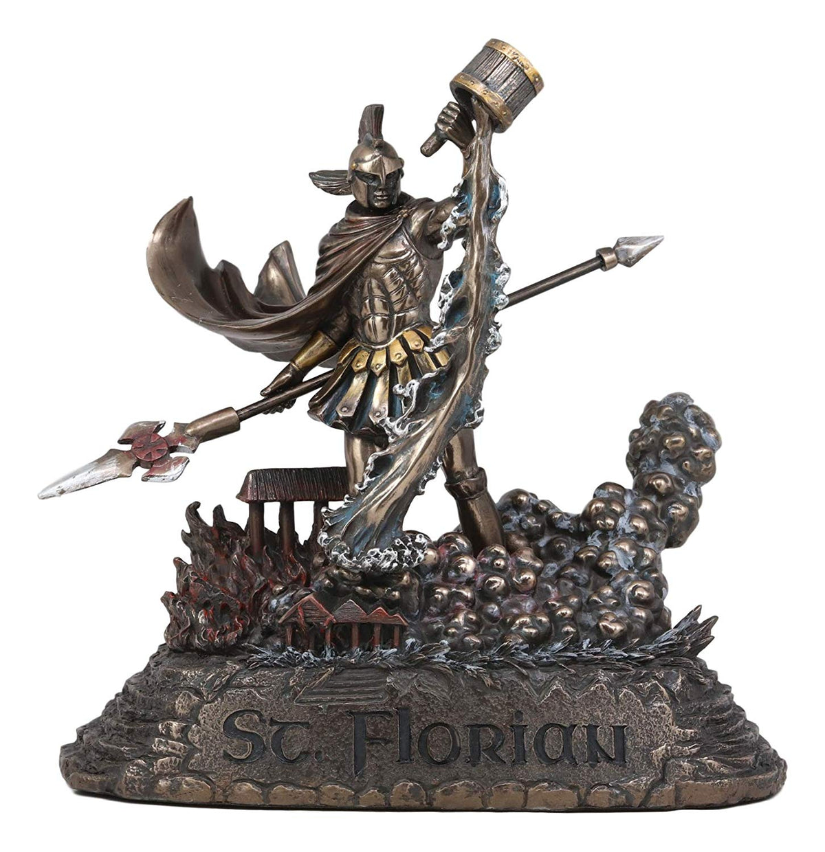 Ebros Large Saint Florian Pouring Water Over Burning Building Statue 10.25" Tall Patron of Fire Fighters Angelic Roman Warrior Martyr of God Catholic Home Altar Decor Figurine