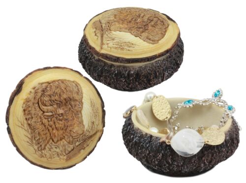 Ebros Rustic Faux Wood Wild Buffalo Round Jewelry Box Figurine 4" Diameter American Bison Trinket Box