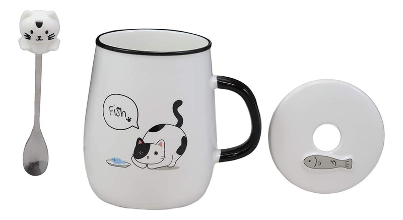 Hungry Calico Cat With Fish Porcelain Coffee Tea Mug Cup With Spoon And Lid