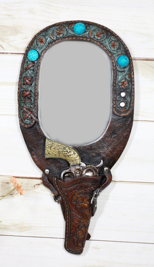 Rustic Western Cowboy Turquoise Tooled Floral Pistol Gun In Holster Hand Mirror