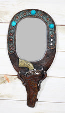 Rustic Western Cowboy Turquoise Tooled Floral Pistol Gun In Holster Hand Mirror