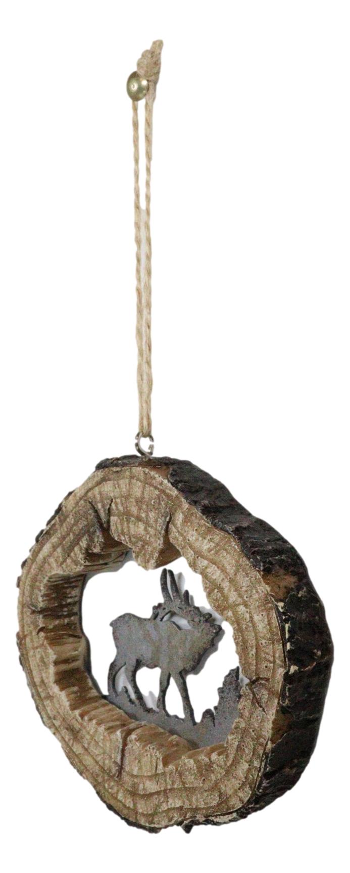 Rustic Western Elk Deer Faux Wood Log Slice Set of 4 Christmas Tree Ornaments