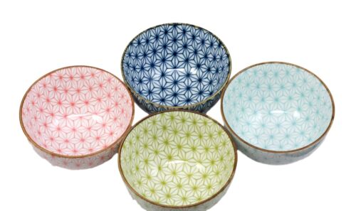 Ebros Gift Japanese Colorful Matrix Polygon Bowls Food Safe 4.5" Diameter Japanese Decorative Bowl Set of 4 Ceramic