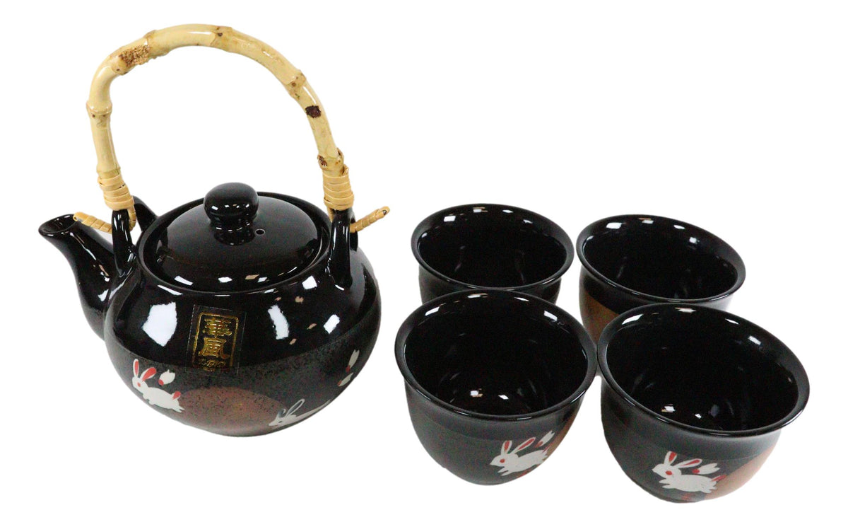 Ebros Auspicious Hare Rabbits Jumping Over Red Moon Ceramic Tea Set Teapot And 4 Cups