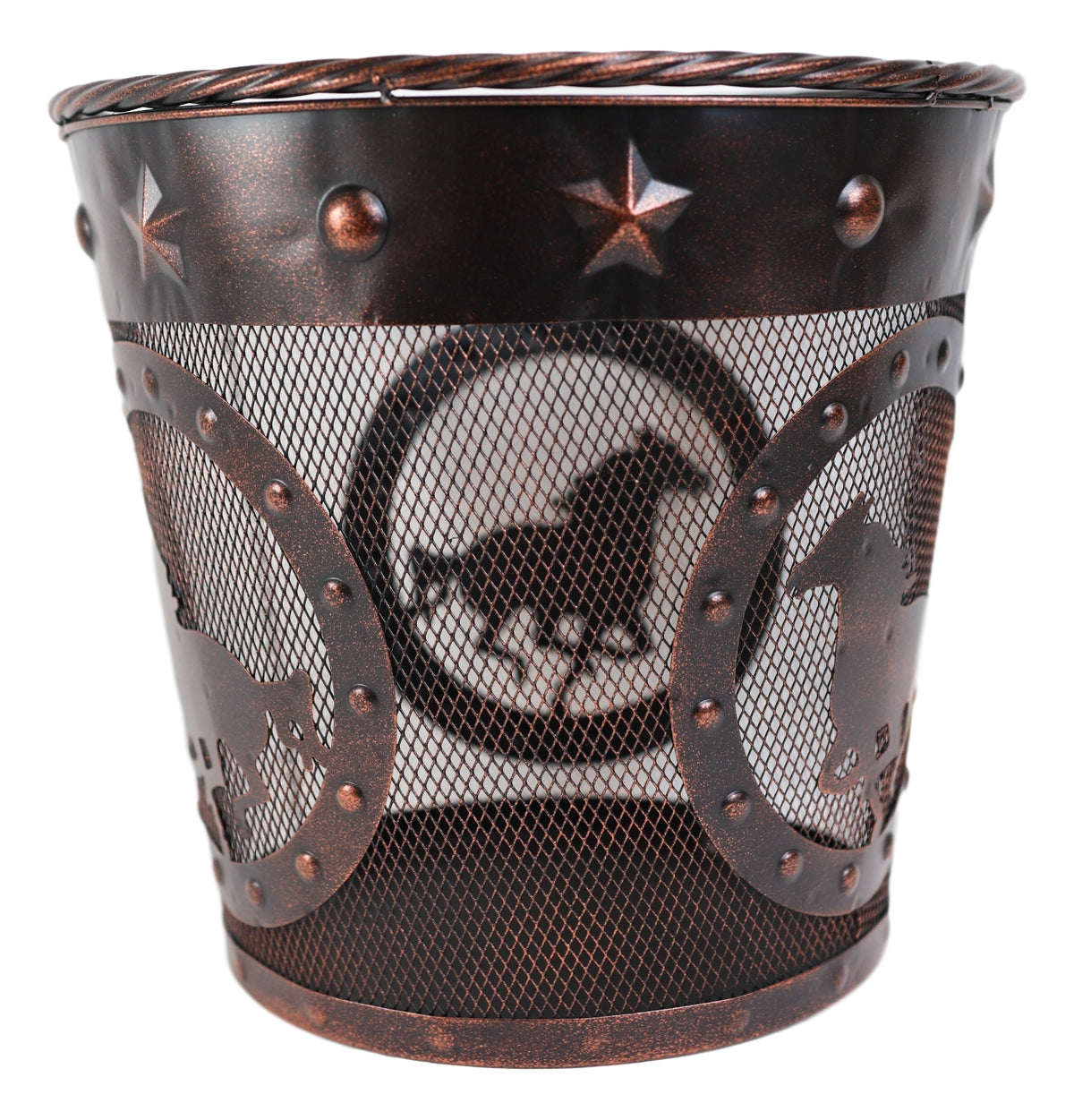 Rustic Western Horses Stars Studs Braided Rope Trim Metal Wire Waste Basket Bin - Ebros Gift