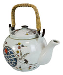 Crane And Red Moon Cherry Blossoms Ceramic 38oz Large Tea Pot With Bamboo Handle