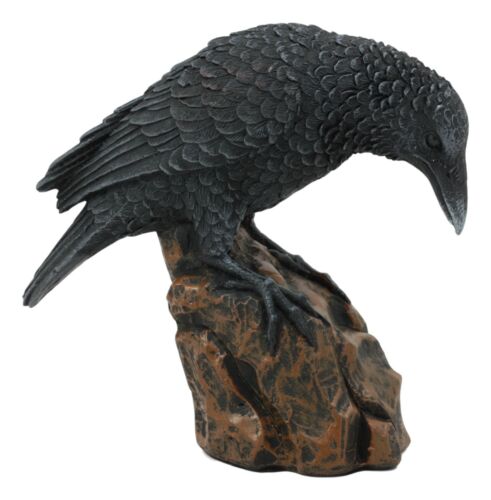 Perching Raven On Rock Statue 5" Tall Gothic Crow Scavenger Bird Decor Figurine - Ebros Gift