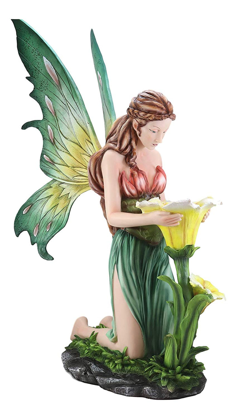 Ebros Large Crown Braided Hair Fairy Kneeling by Yellow Lilies Statue 28" Tall Reflection of A Faerie FAE Nymph Pixie Magic Collectible Figurine Fantasy Fairies Pixies Nymphs Home Decor