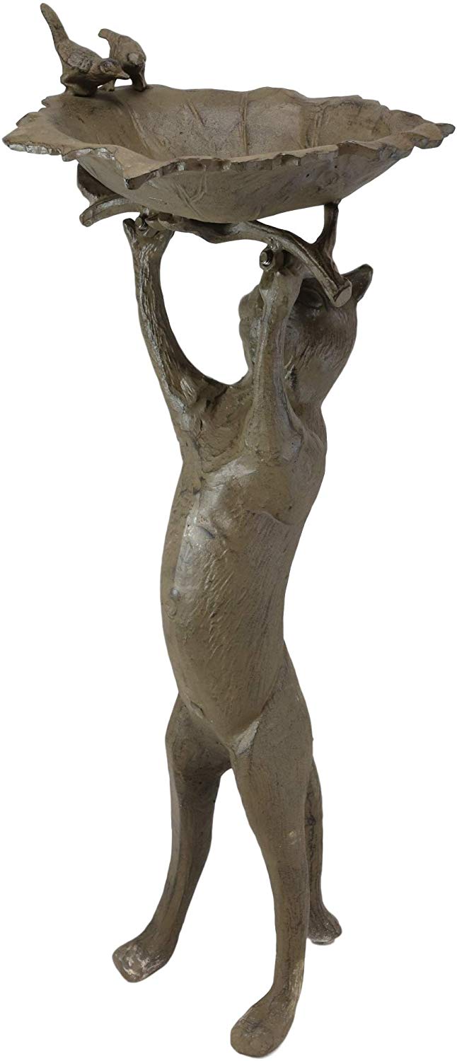 Ebros Cast Iron Whimsical Curious Cat Hanging On Branch with 2 Birds in Nest Bird Feeder Or Bath Statue 24.75" Tall for Garden Patio Lawn Outdoors Decorative Accent Sculpture