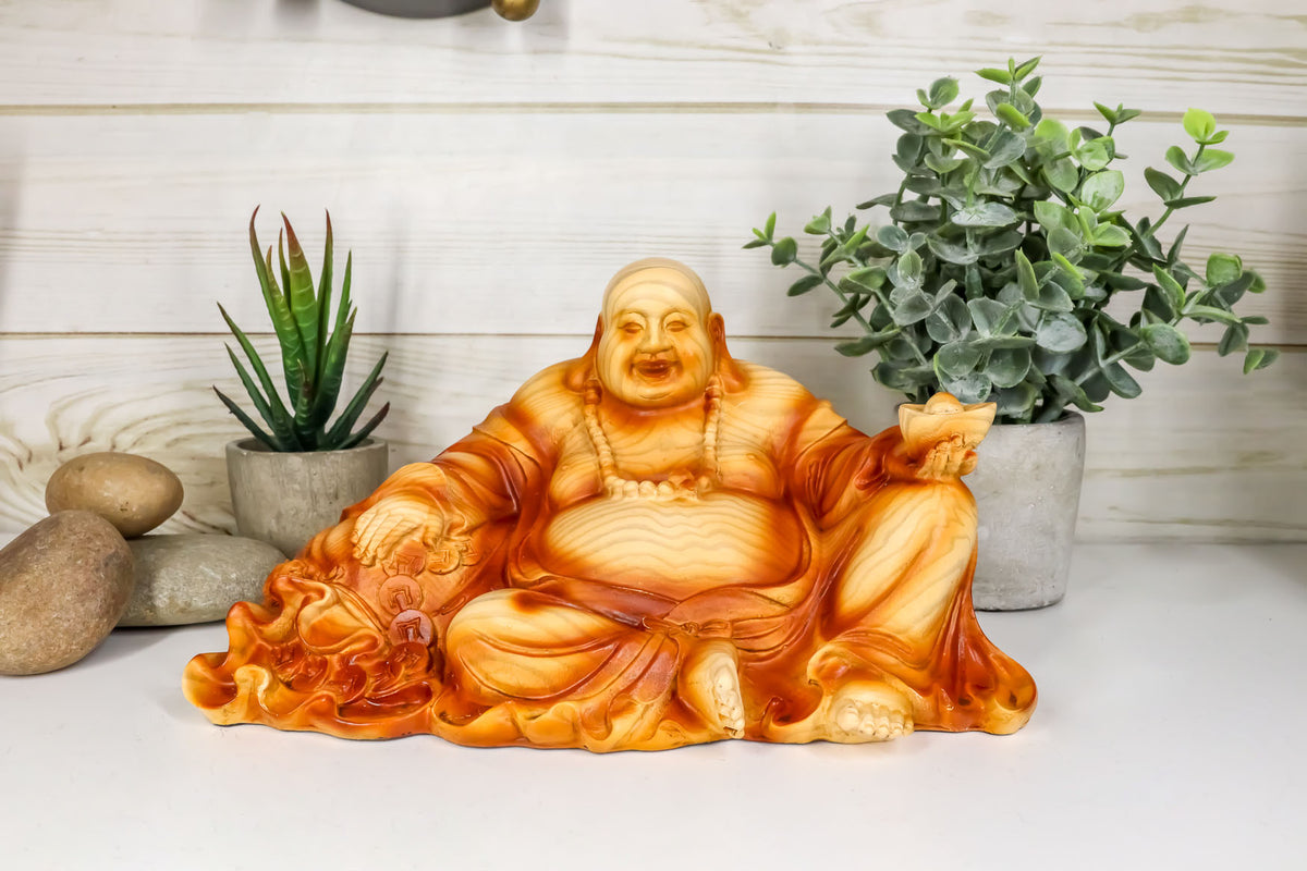 Ebros Feng Shui Hotei Happy Buddha Sitting with Gold Ingot and Money Coins 9" W