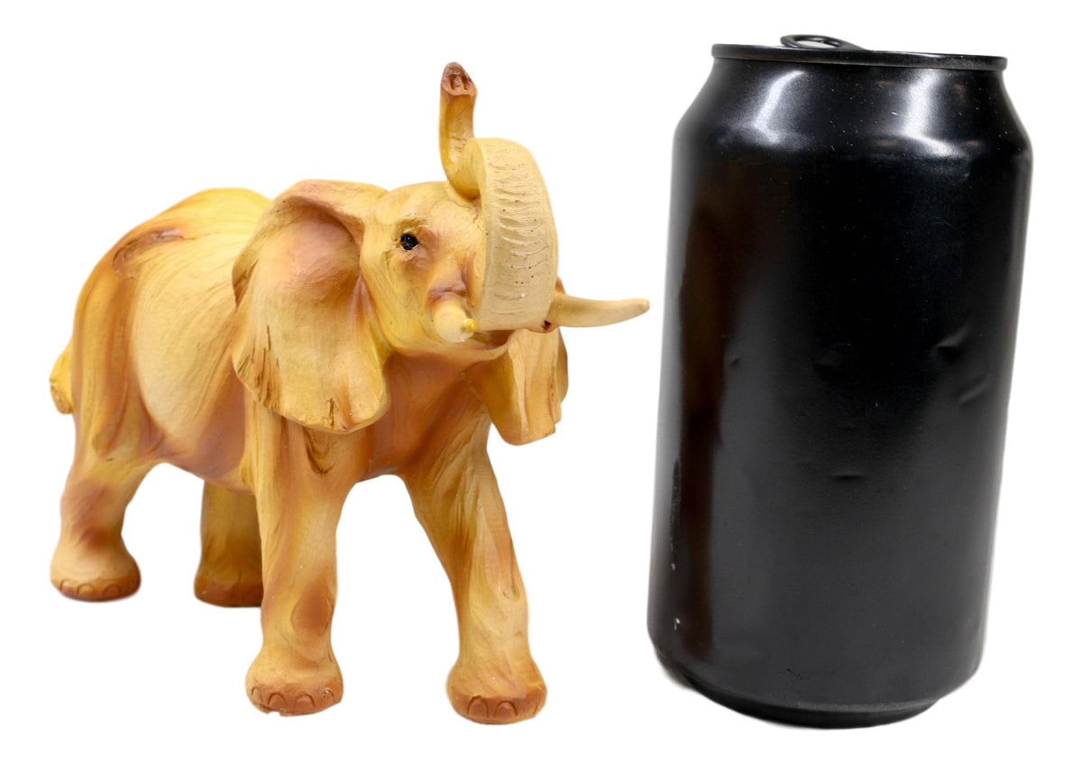Safari Savannah Landscape Majestic Elephant With Trunk Up Faux Wood Figurine - Ebros Gift