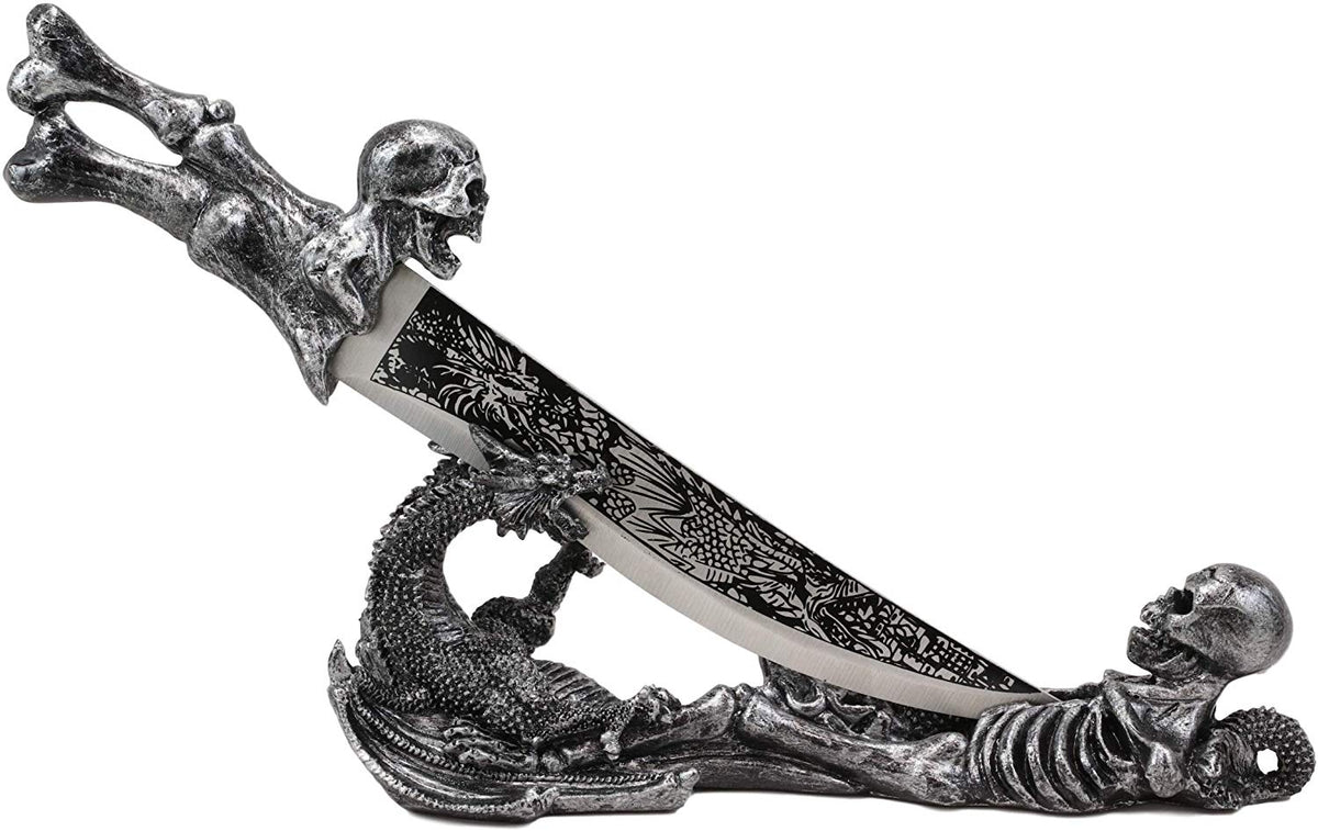Ebros Gift Obsidian Athame Dragon Blade Letter Opener with Skeleton Base Stand