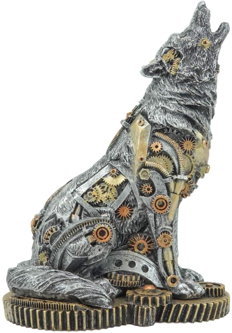Ebros Steampunk Silver Alpha Wolf Howling Statue with Gears Base 7.5"H Figurine - Ebros Gift