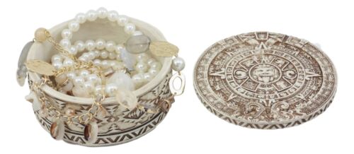 Round Mesoamerican Maya Aztec Jewelry Box Figurine 5"D Solar Calendar Sun God