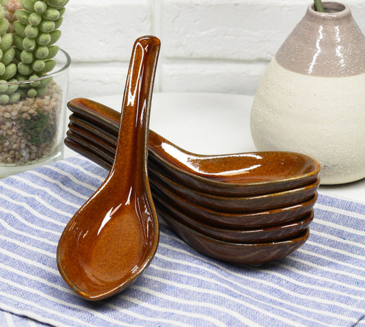 Ebros Made In Japan Modern Sleek Glazed Ceramic Cherry Red Soup Spoons Set Of 6 - Ebros Gift