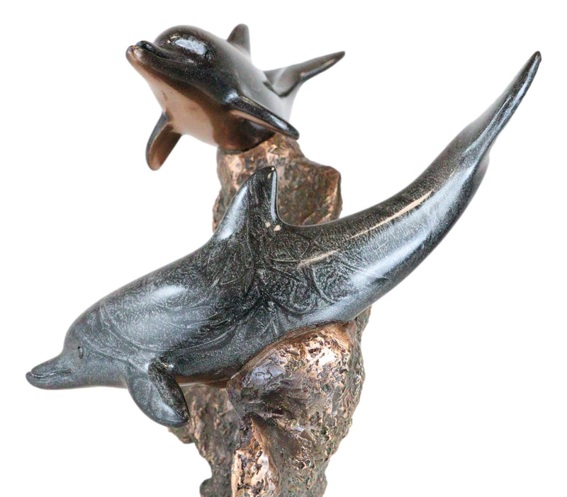 Marine 2 Black Dolphins Swimming by Coral Reef Electroplated Bronze Figurine