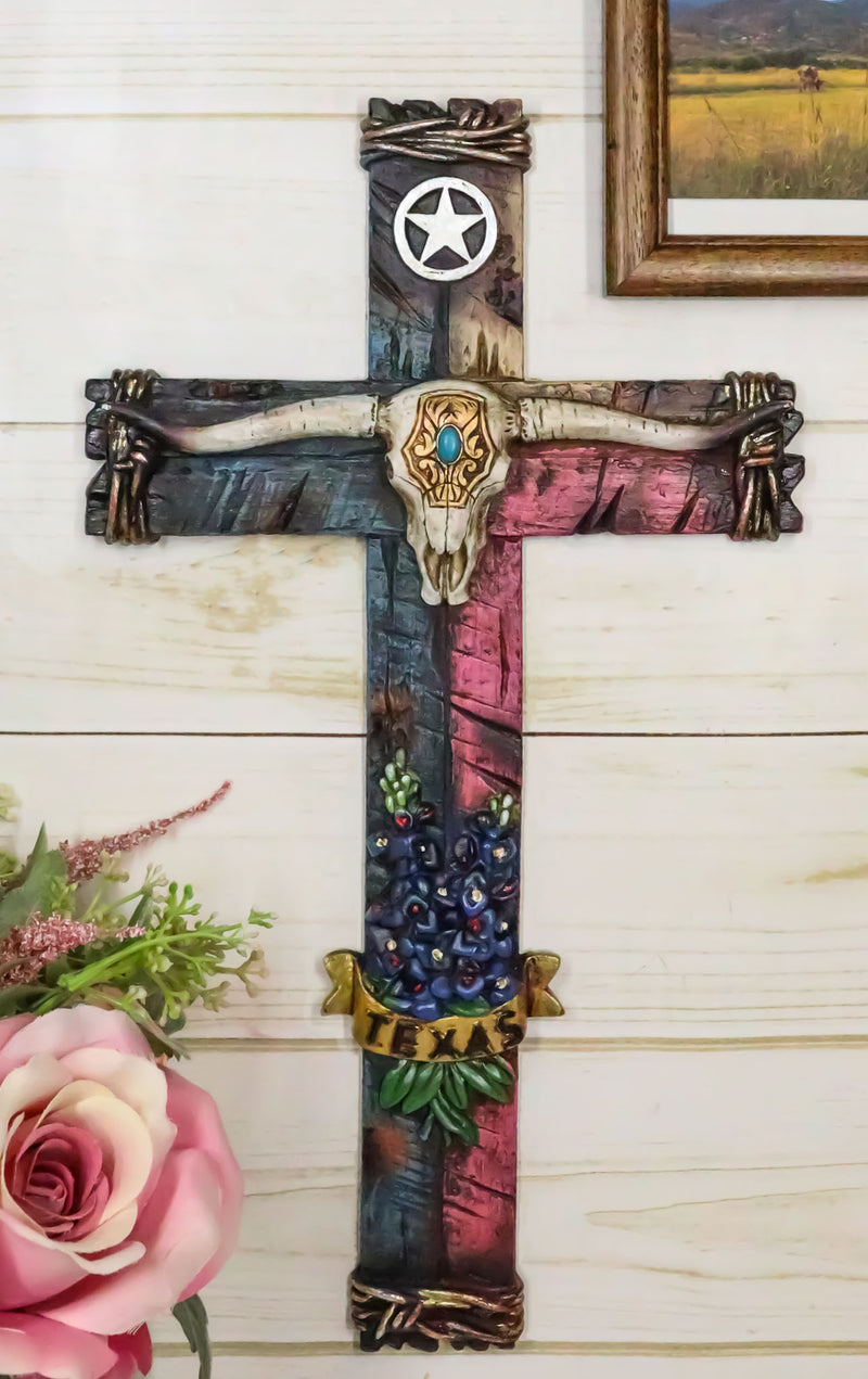 Rustic Texas State Colors Bluebonnet Longhorn Skull And Western Star Wall Cross